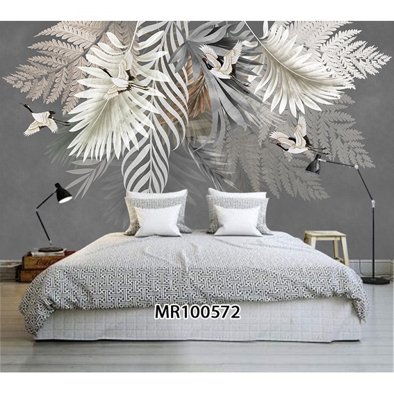 WALLPAPER DINDING MOTIF DAUN 3D DAUN BESAR GANTUNG BACKGROUND ABU