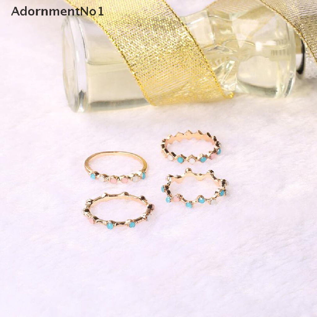 (AdornmentNo1) 4pcs / Set Cincin Gaya Bohemia Aksen Batu Kristal Warna-Warni Untuk Perhiasan Wanita