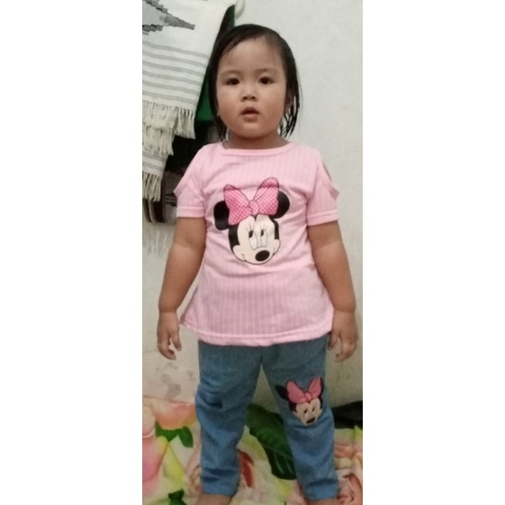 VISION ONLINE-SETELAN BAJU ANAK PEREMPUAN KAOS CELANA DENIM CEWEK 1 2 3 4 TAHUN STRIPY MINNIE PINKY