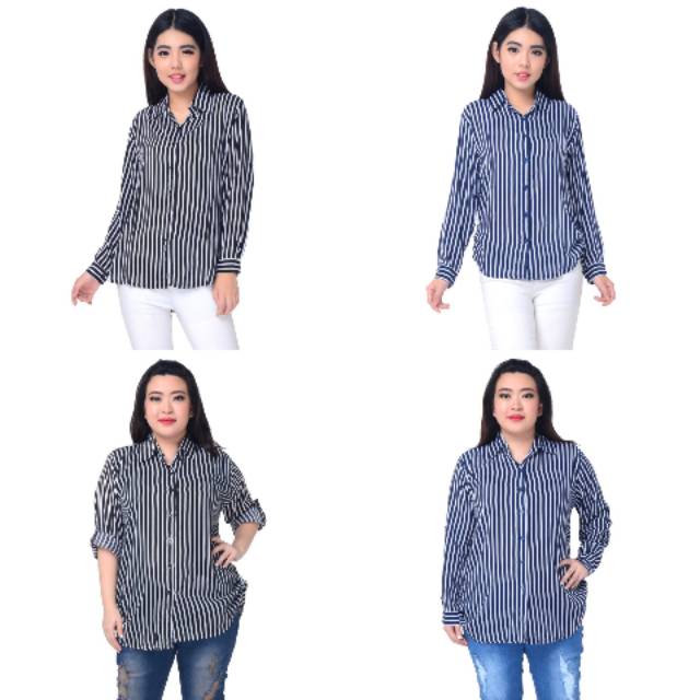 KEMEJA WANITA MOTIF SALUR BAHAN KATUN RAYON HITAM NAVY