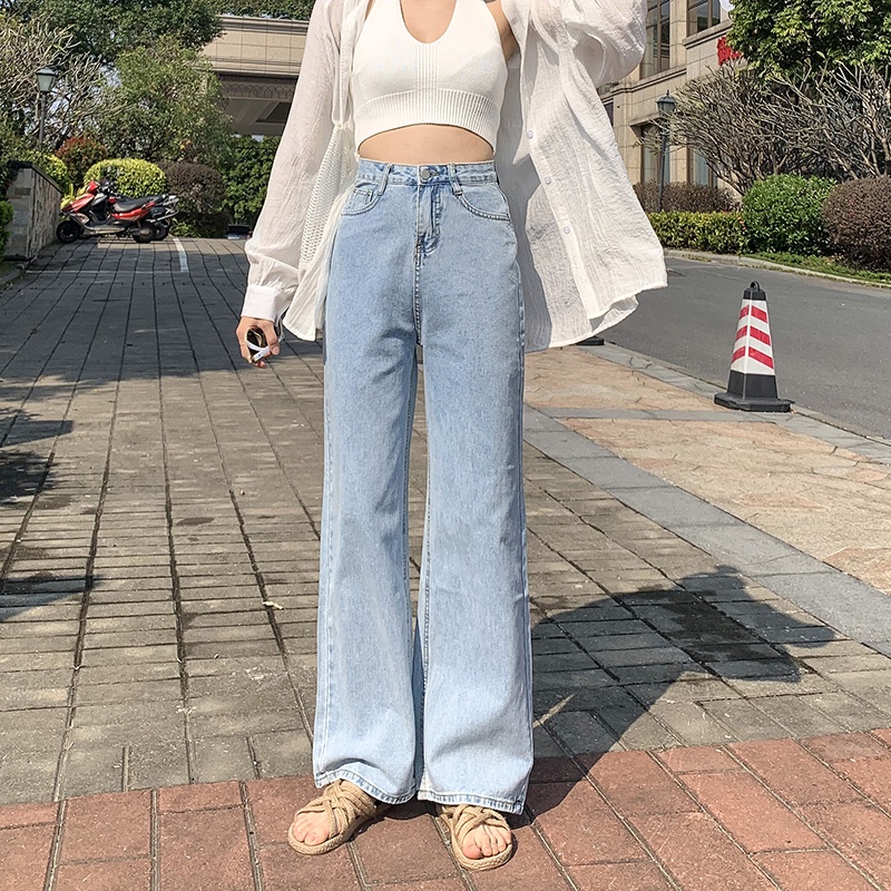 korean style new biru muda straight boyfriend celana jeans longgar wanita