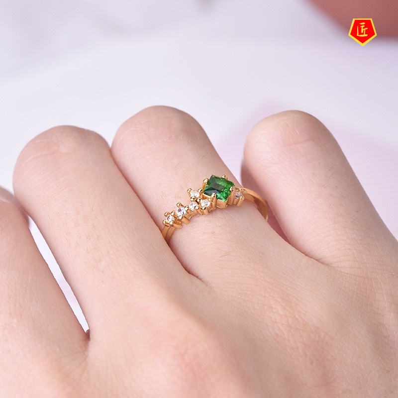 [Ready Stock]Simple Elegant 14K Gold Exquisite Green Square Rhinestone Ring