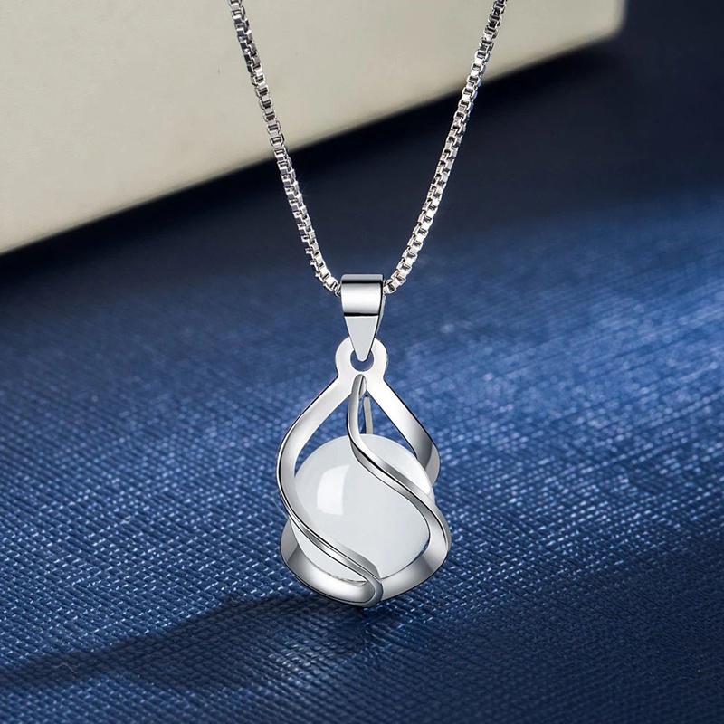 1 Pcs Fashion Simple White Round Opal Pendant Necklace/ Hollow Spiral Geometry Metal Clavicle Chain