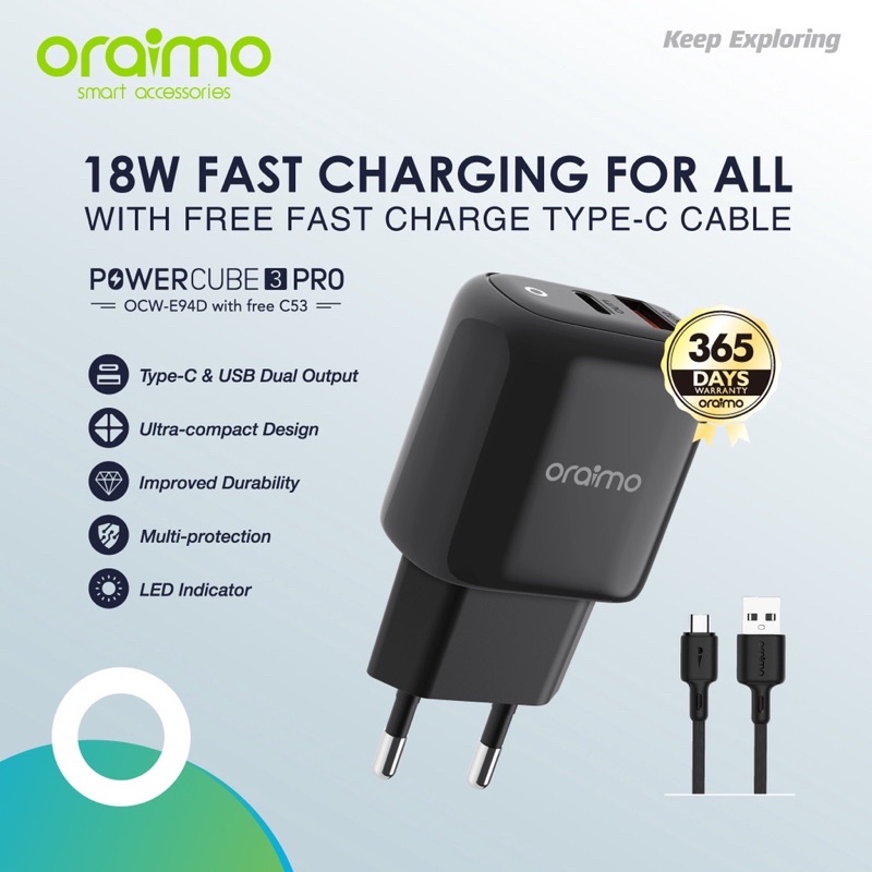 Oraimo OCW-E94DC PowerCube 3 Pro Charger Dual Port Fast Charging - Garansi 1 Tahun