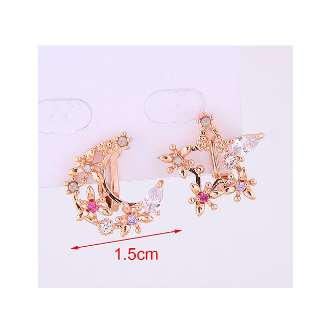 LRC Anting Jepit Fashion Copper Micro-inlaid Zircon Star And Moon Asymmetrical Earrings A58995