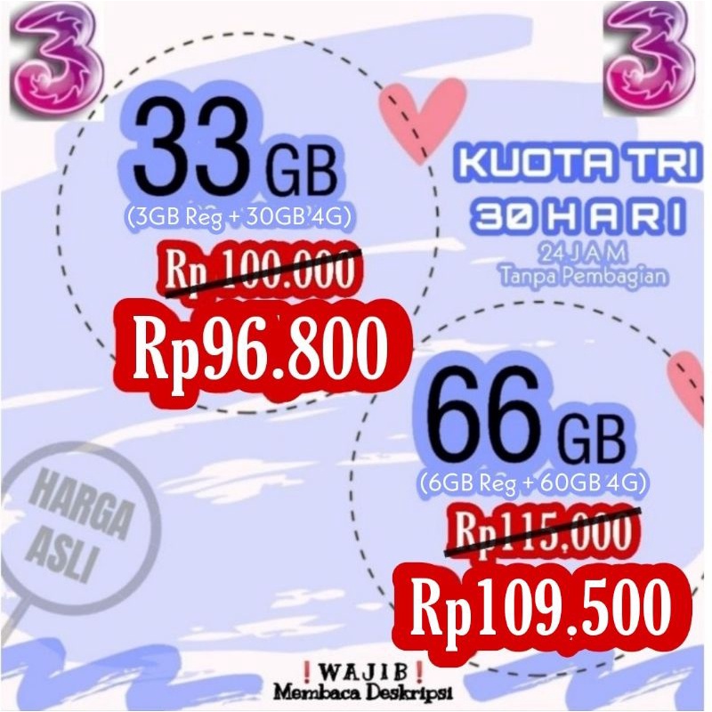 KUOTA TRI 66 GB MURAH || PAKET DATA TRI 66 GB MURAH [Aktivasi Via Pulsa]