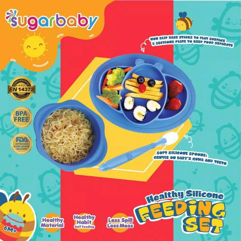 Feeding Set Makan Bayi SUGARBABY Piring Set Mangkok Silicone Wadah makan Bayi Healthy Silicone FEEDING SET ISI 3 ALAT MAKAN BABY SUGARBABY