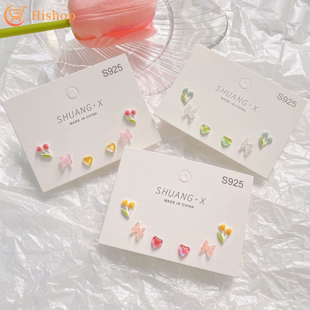 Set Anting Stud Desain Butterfly Tulip Hati Warna Pink Kuning Untuk Wanita