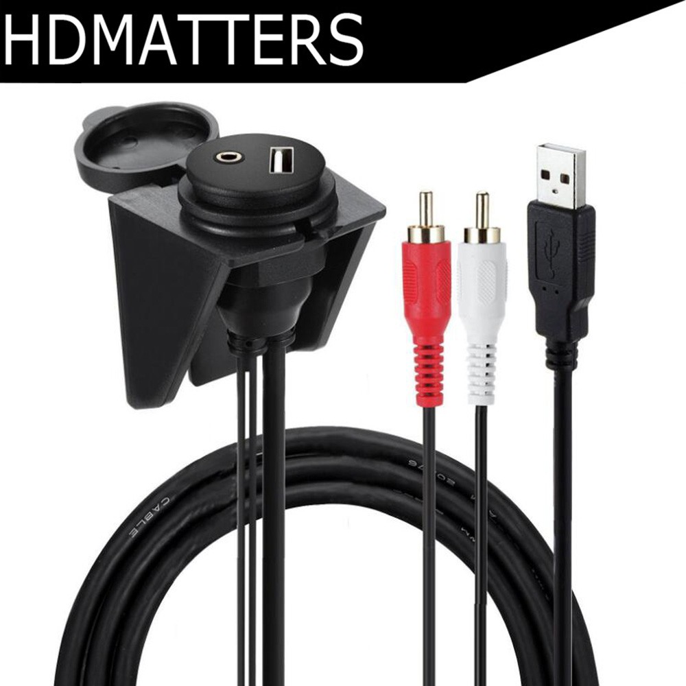 Bebas ongkir USB aux RCA Flush Mount Dash Panel Mount Cable USB and 2 RCA to USB and 3.5mm Female