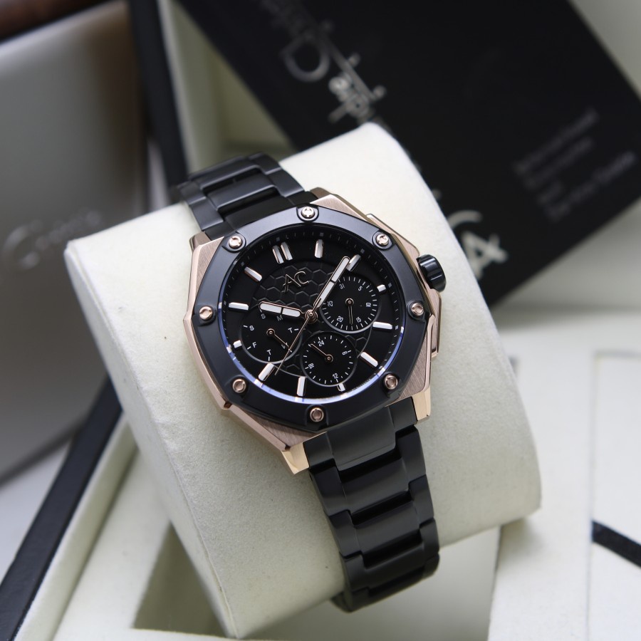 Jam Tangan Wanita Alexandre Christie AC 9601 AC9601 Black RoseGold Rantai Original