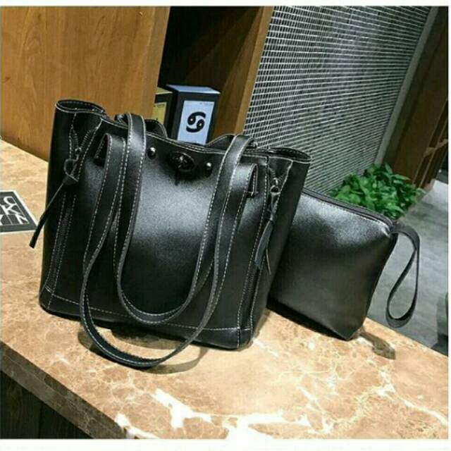 More584 Tas Bahu Wanita Olie Tote Bag PU Black Brown Totebag / Shoulderbag Polos Import Coklat hitam