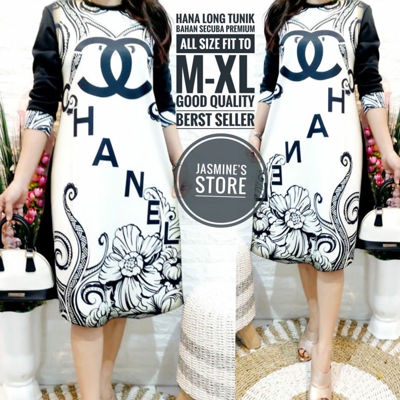 Jual Baju Tunik Cewek Motif Chanel Hana Long Tunik Original by Jasmine’s Store