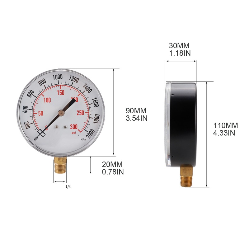 Meteran Tekanan Ulir BSPT 1 / 4 &quot;Untuk Bensin Udara Air Minyak 0-300psi / 0-2000kps