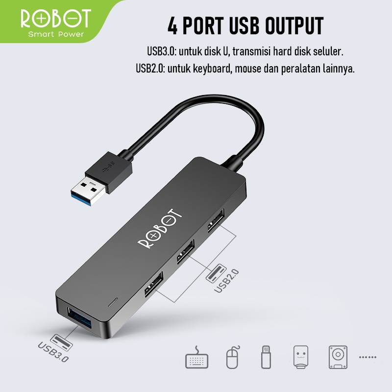 ROBOT USB Hub H160 4 Ports USB 2.0 &amp; USB 3.0 High Speed 5GBPS Original - Garansi Resmi