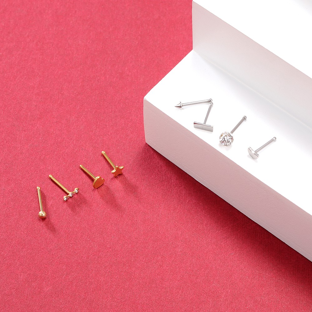 44pcs / Lot Anting Tindik Hidung Bahan Stainless Steel Desain Hati / Bulan / Bintang / Zircon 20g