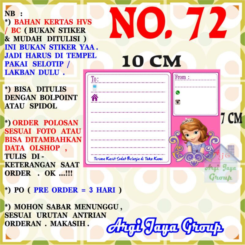 

Label Pengiriman Alamat Olshop Murah Nomer 72 - 10x7cm - Kertas BC (Manila)
