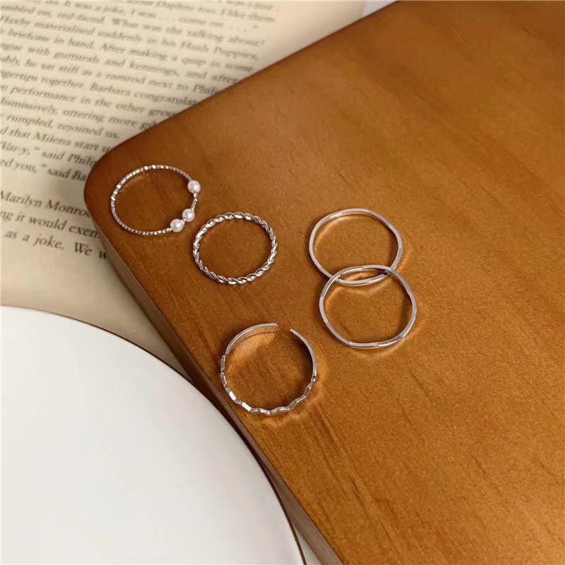 5pcs Cincin Mutiara Imitasi Ukuran Adjustable Untuk Wanita