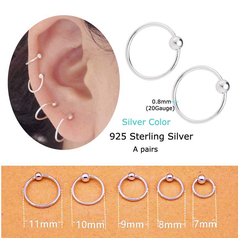 2piece Sterling Silver Captive Bead Ring Hoop Cartilage Tragus Earring Rook Pinna Helix Piercing 20G