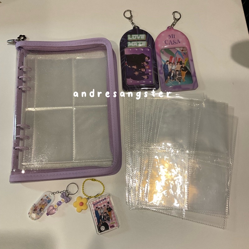 [ preloved ] A5 glitter binder zipper 6 ring + sleeves 10 pcs / sleeve 4p 1 pack 11 pcs/ Photocard h