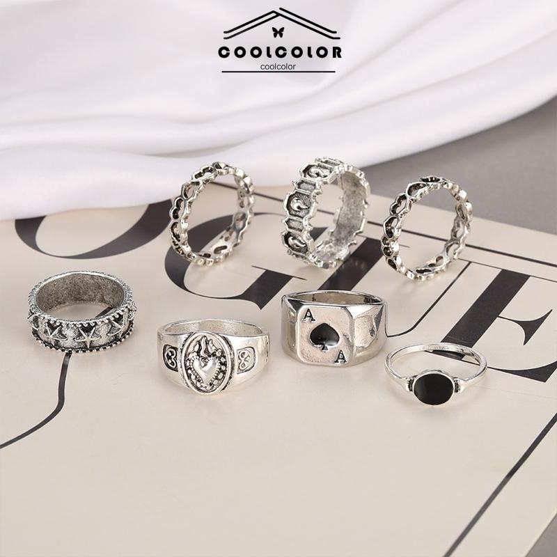 COD ♥7 Pcs Cincin Pria Retro Punk Gaya Men Finger Ring Heart Trendy Male Personality Spades A Width Punk Rock Fashion Untuk Unisex- cl