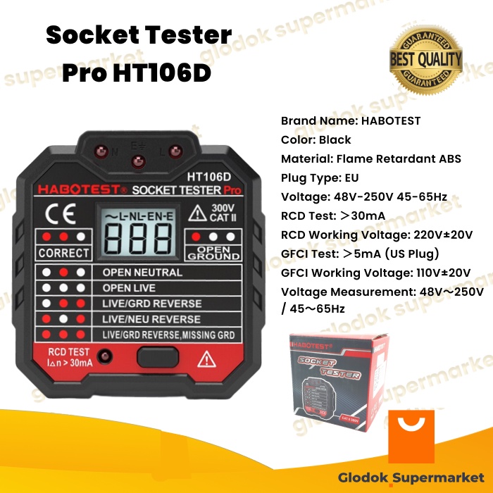 Socket Tester Pro HT106D Voltage Test Alat Uji Kelistrikan Grounding Meter 220v Voltmeter Habotest