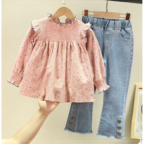 STELAN ANAK/MODEL PINK BUNGA KERUT JEANS FOR KIDS COTTON 100-140