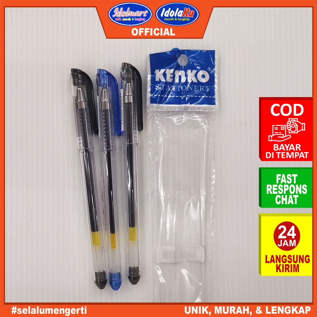 IDOLMART Pulpen Gel Kenko Easy Gel isi 3pcs 0.5mm / Hitam &amp; Biru Surabaya