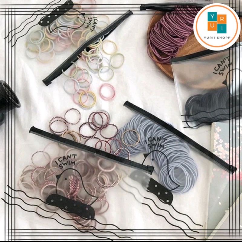 [YR] [100PCS] Ikat Rambut Korea I Can Swim Isi 100 Pcs + Pouch
