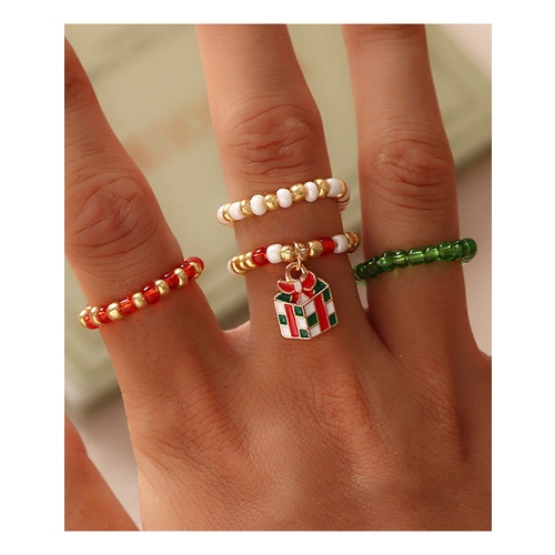 LRC Cincin Fashion Christmas Red And Green Rice Bead Beaded Ring Set Q49549