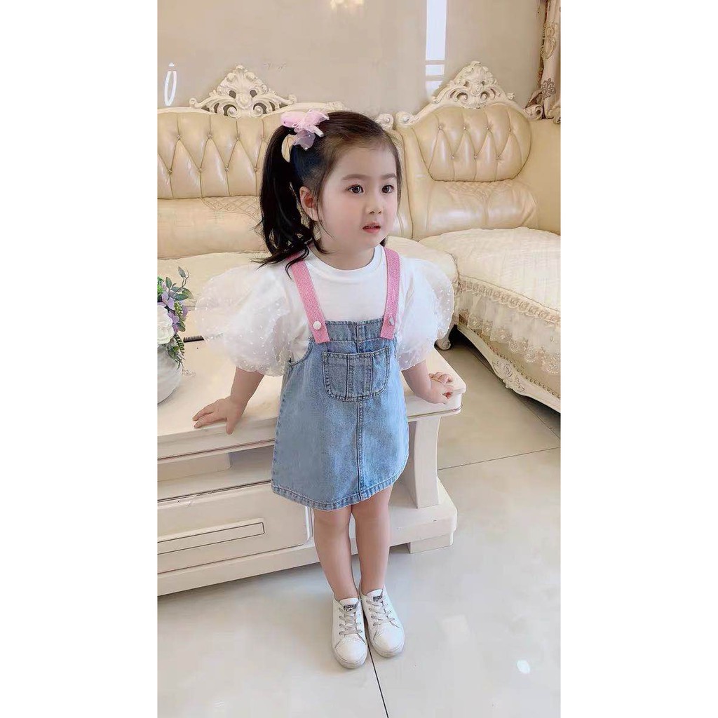 KF CAT Dress Anak Perempuan Overall Rok Jeans + Dalaman Kaos Lengan Pendek Cewek Santai Fashion Import-6
