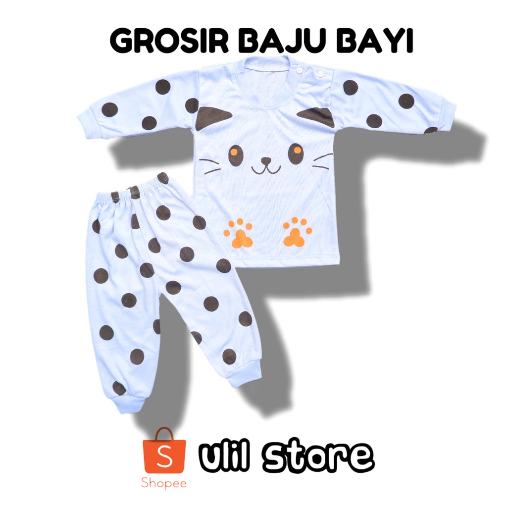 Setelan Baju Bayi Panjang Kancing Pundak Usia 3-18 Bulan Sheila Baby Motif Cat New