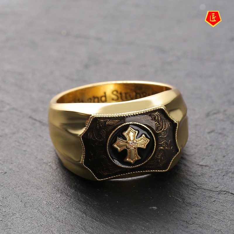 [Ready Stock]Creative Golden Black Agate Cross Faith Ring