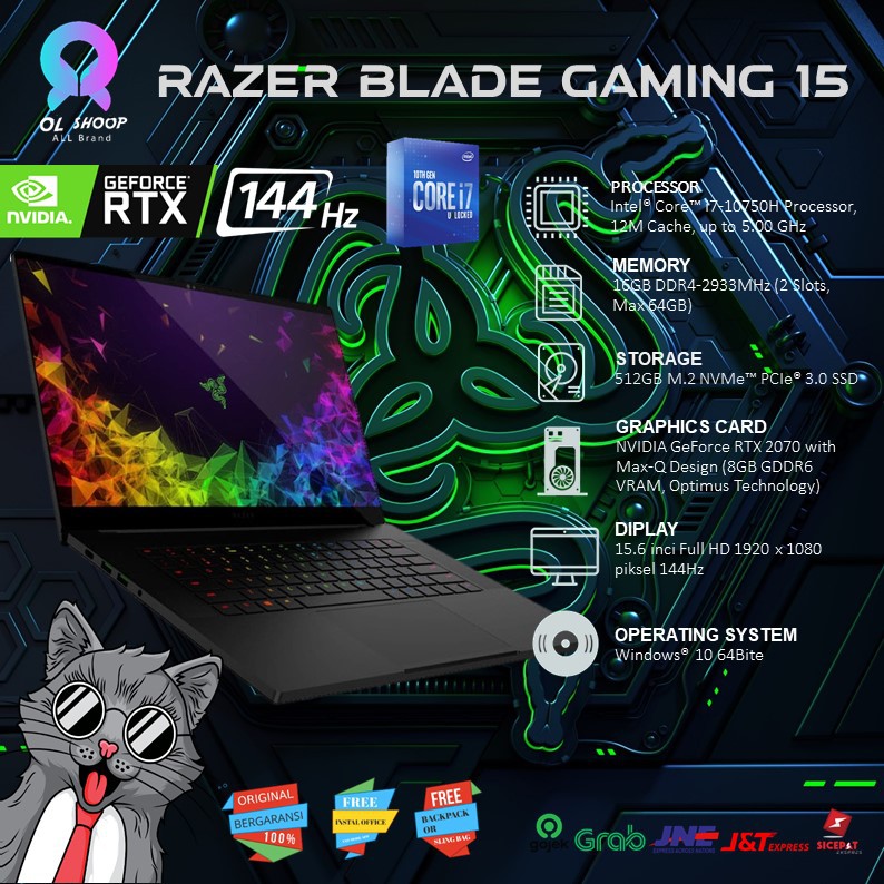Laptop Razer Blade Gaming 15 Intel i7-10750H RAM 16GB 512GB ssd Nvidia RTX2070 8GB 144Hz 15" Inch