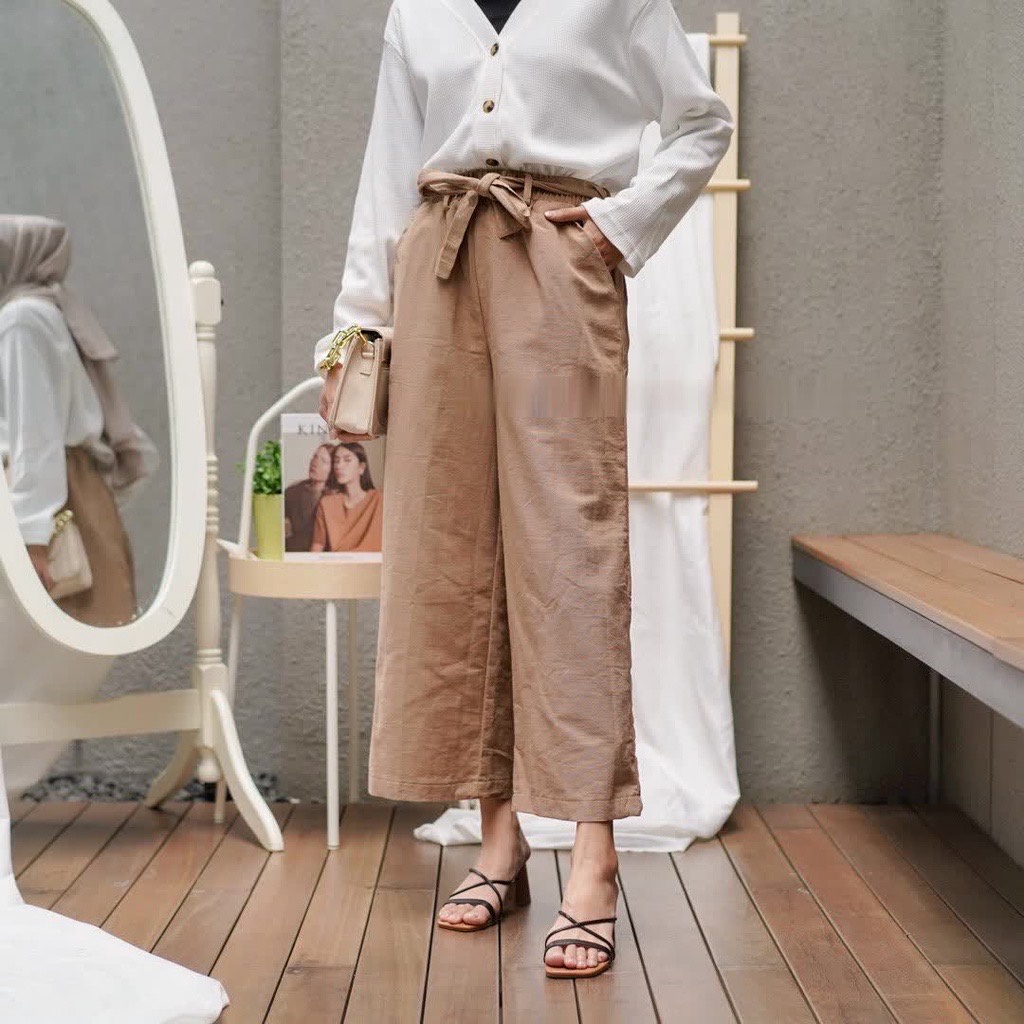 TRIVELA - Noza Pants Kulot Linen Tali Premium / Bianca Celana Kulot Linen Wanita Basic Highwaist / Kulot Linen Karet Pinggang Ikat