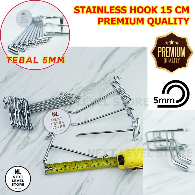 Stainless Hook 15 CM Tebal 5mm Gantungan Cantolan Ram Display Besi - LINK GROSIR