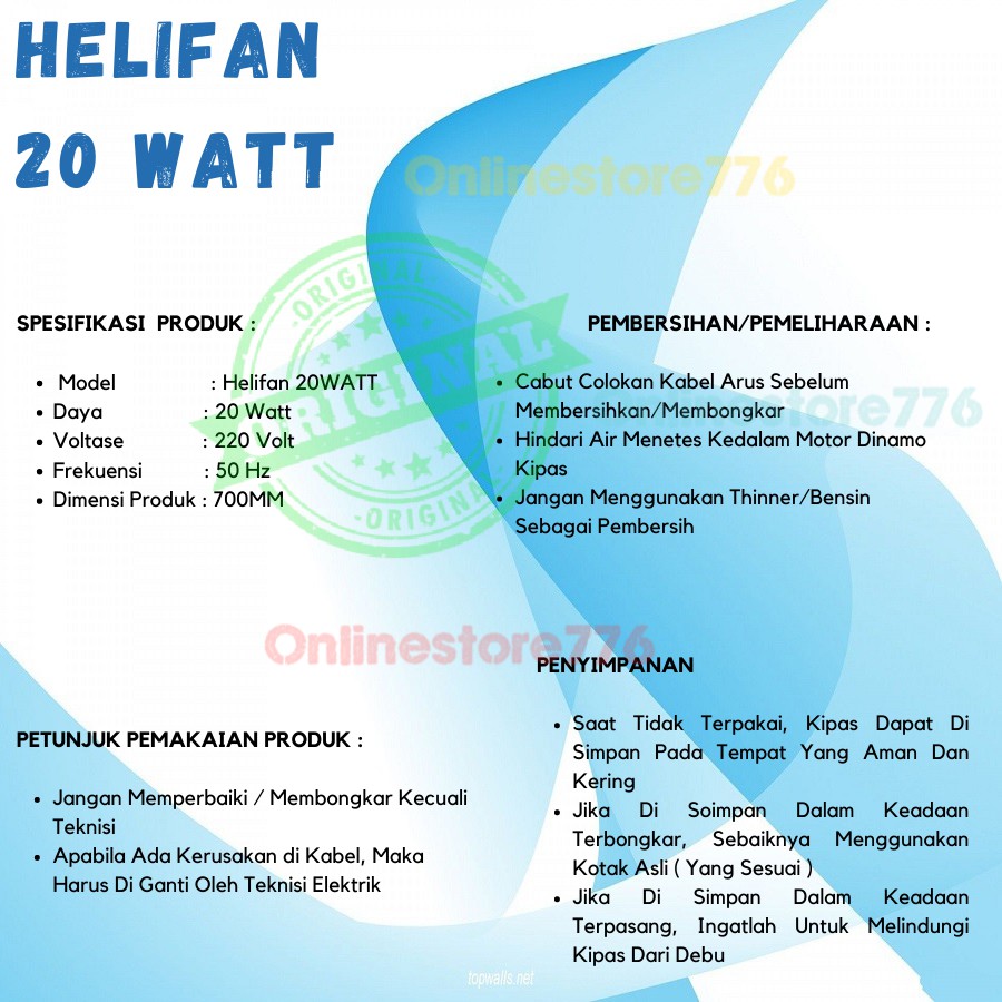 Kipas Angin Gantung Helifan 20 Watt - 4 Baling Arashi