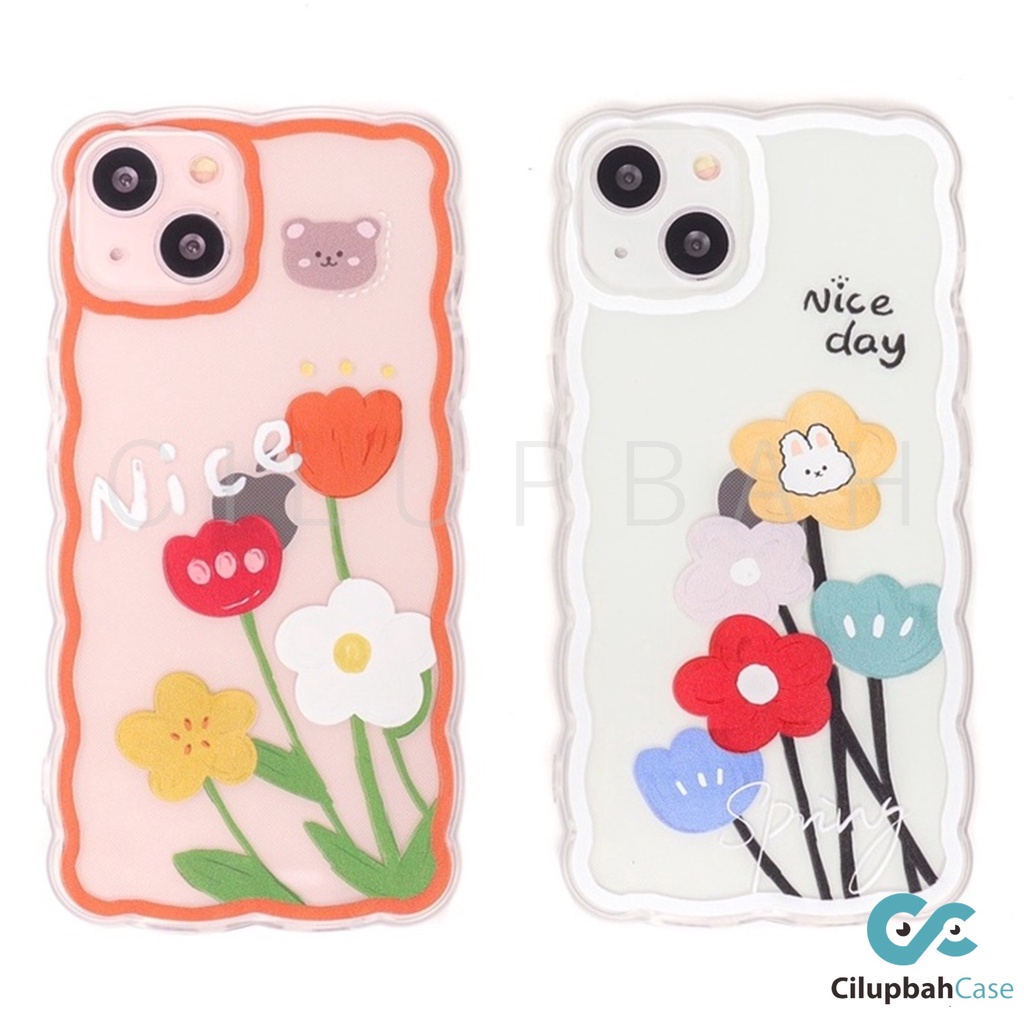 Clear Softcase Big Flowers Bear and Bunny Wavy Side Full Lens Cover For iPhone 7 8 SE XR XS MAX 11 12 13 MINI PRO MAX