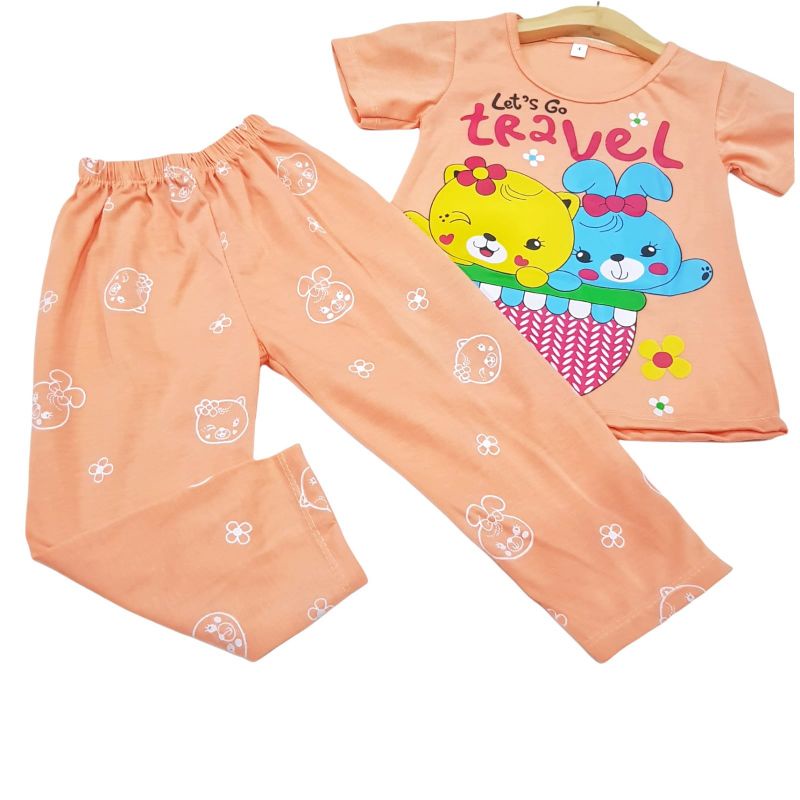 SETELAN SIKUNING PAKAIAN BAJU ANAK PEREMPUAN 2-7 TAHUN MOTIF LEST GO TRAVEL LENGAN PENDEK CELANA PANJANG