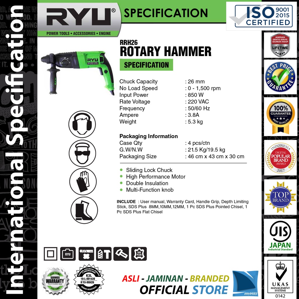 Mesin Bobok Pukul 26 mm 1.500 rpm 850 watt - ROTARY HAMMER RRH26 RYU