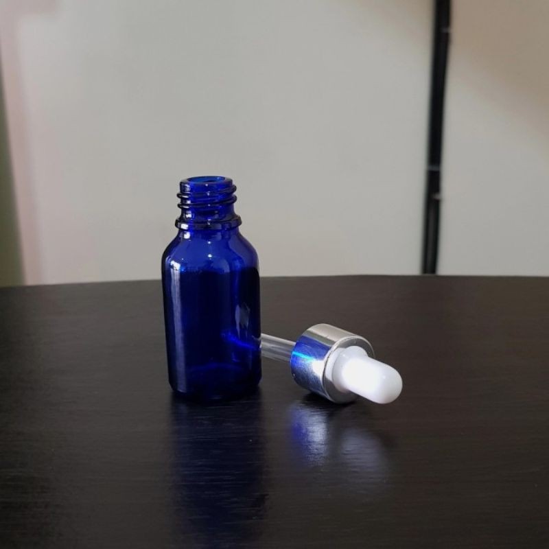 botol kaca pipet 15ml biru - ring almunium silver