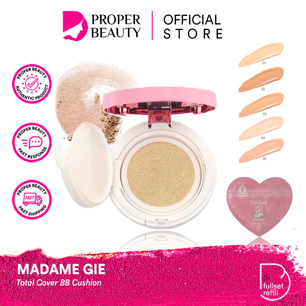 MADAME GIE Total Cover BB Cushion Indonesia / Primer BB Foundation Loose Powder Lipstick Eyeshadow Blush On Eyeliner Eyebrow Mascara Lipstick Lip Matte Gloss Balm Kutek / Facial Wash Toner Essence Serum Sunscreen Moisturizer Cream Mask Masker Lipill Paket