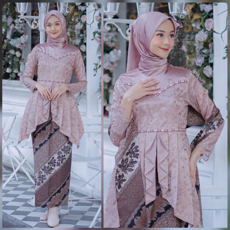 BATIK EXPRESS - Setelan Batik Fataya Kebaya Kondangan - Baju Modern Wanita Kekinian - Kebaya Brukat Tile Mutiara