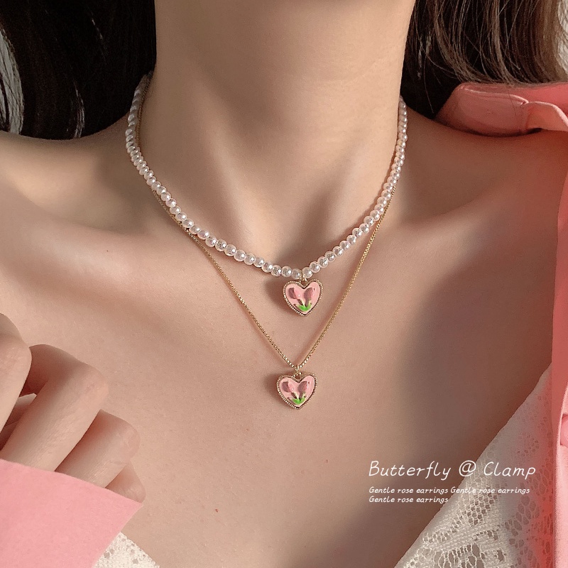 Set Kalung Rantai + Anting Gantung Tusuk Motif Bunga Tulip + Hati + Mutiara + Hollow Untuk Perhiasan Wanita