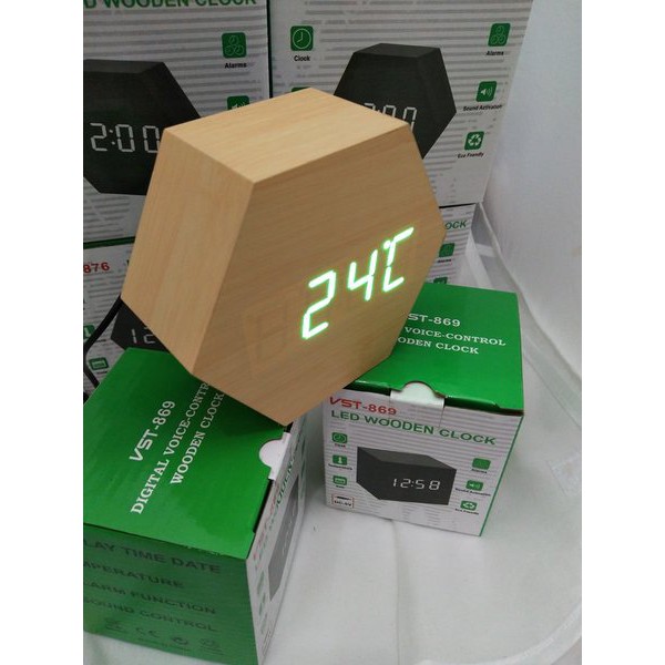 Jam Meja Digital Led Weker Digital Wood Alarm Clock 876 cream green