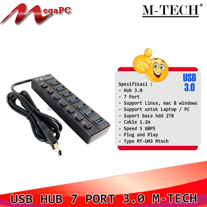 USB HUB 7 Port 7 Switch 3.0 LED Super Speed 5Gbps USB 3.0