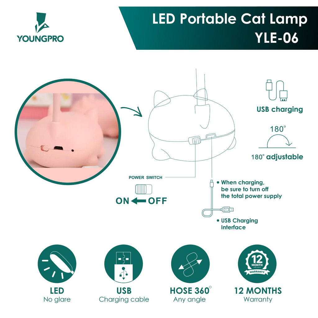 YOUNGPRO YLE-06 Cat YLE07 Deer  - Lampu Belajar Kucing &amp; Rusa Lucu Leher Flexibel Rechargeable di Charge Ulang Kado Unik Lucu Untuk Anak Perempuan Pacar