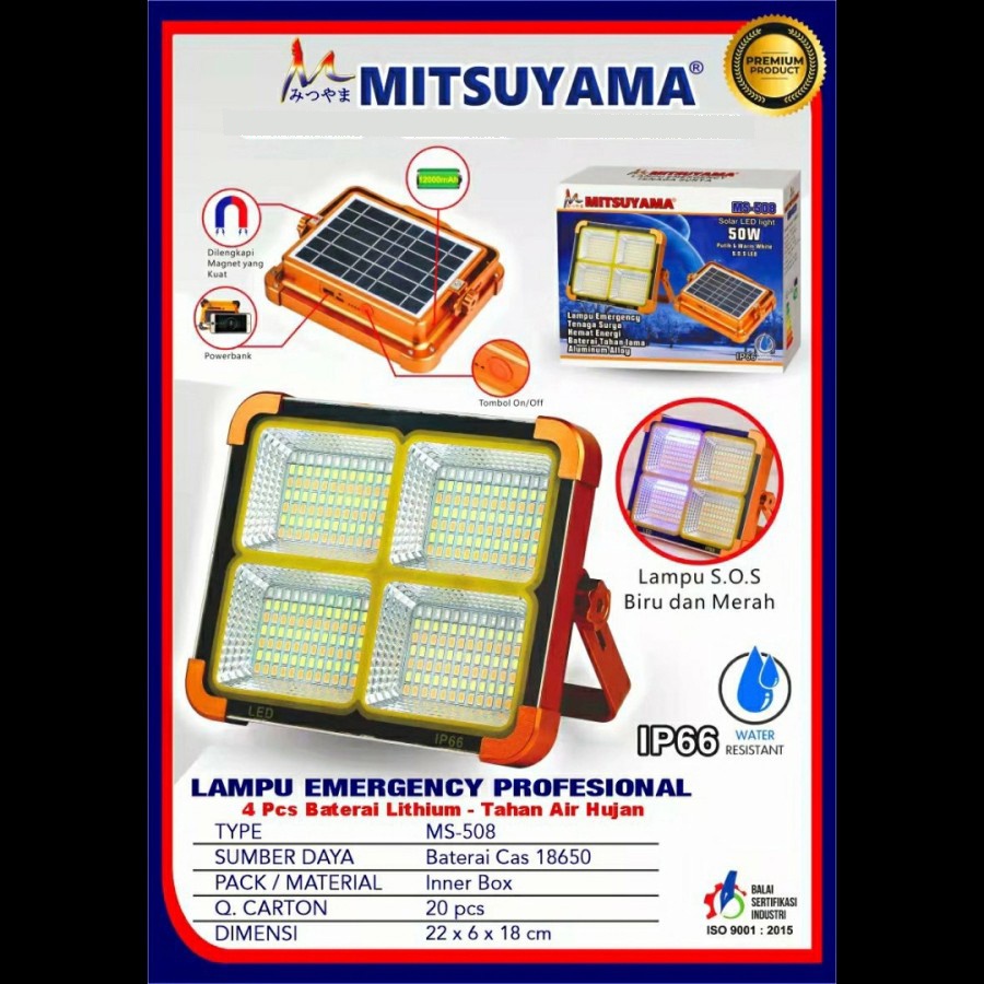 LAMPU EMEGENCY LED ORIGINAL MITSUYAMA MS-508 SOLAR CELL CAHAYA TERANG 50 WATT POWERBANK 12000mAh