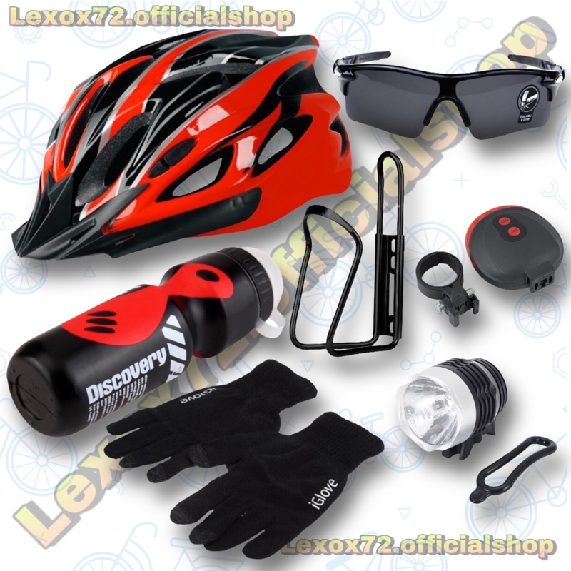 taffsport paket helm sepeda gunung mtb roadbike + aksesoris sepeda isi 7item merah/carbon