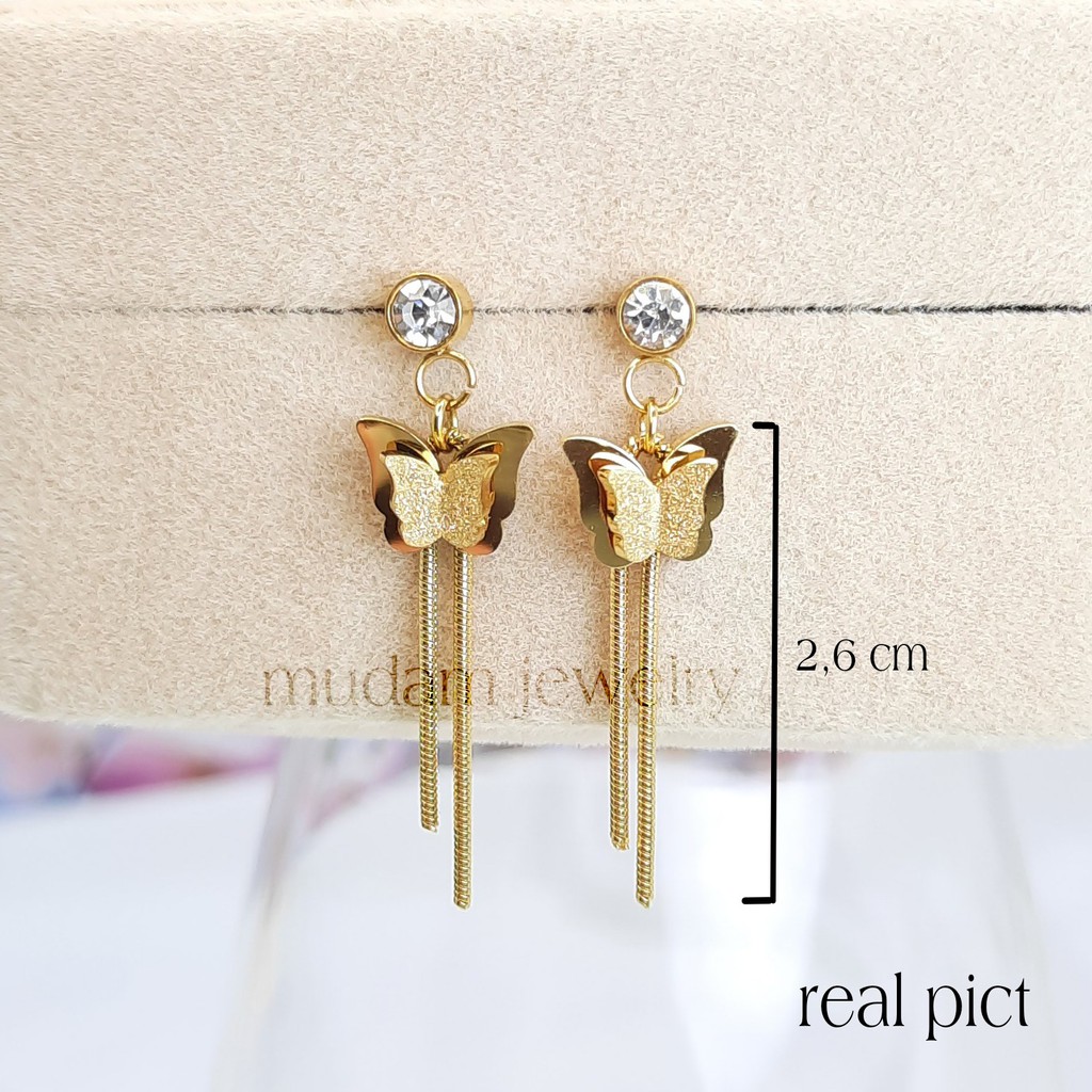 Anting Tusuk Titanium Kupu - Kupu Kecil Jurai Dengan Diamond Artifisial Warna Rose Gold, Gold dan Silver