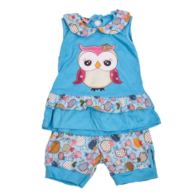 SETELAN BAJU ANAK PEREMPUAN MOTIF OWL 1-2 TAHUN WARNA PINK FANTA BIRU